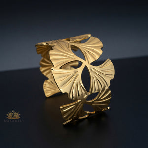 Golden Ginkgo Leaf Design Western Cuff Kada Bracelet