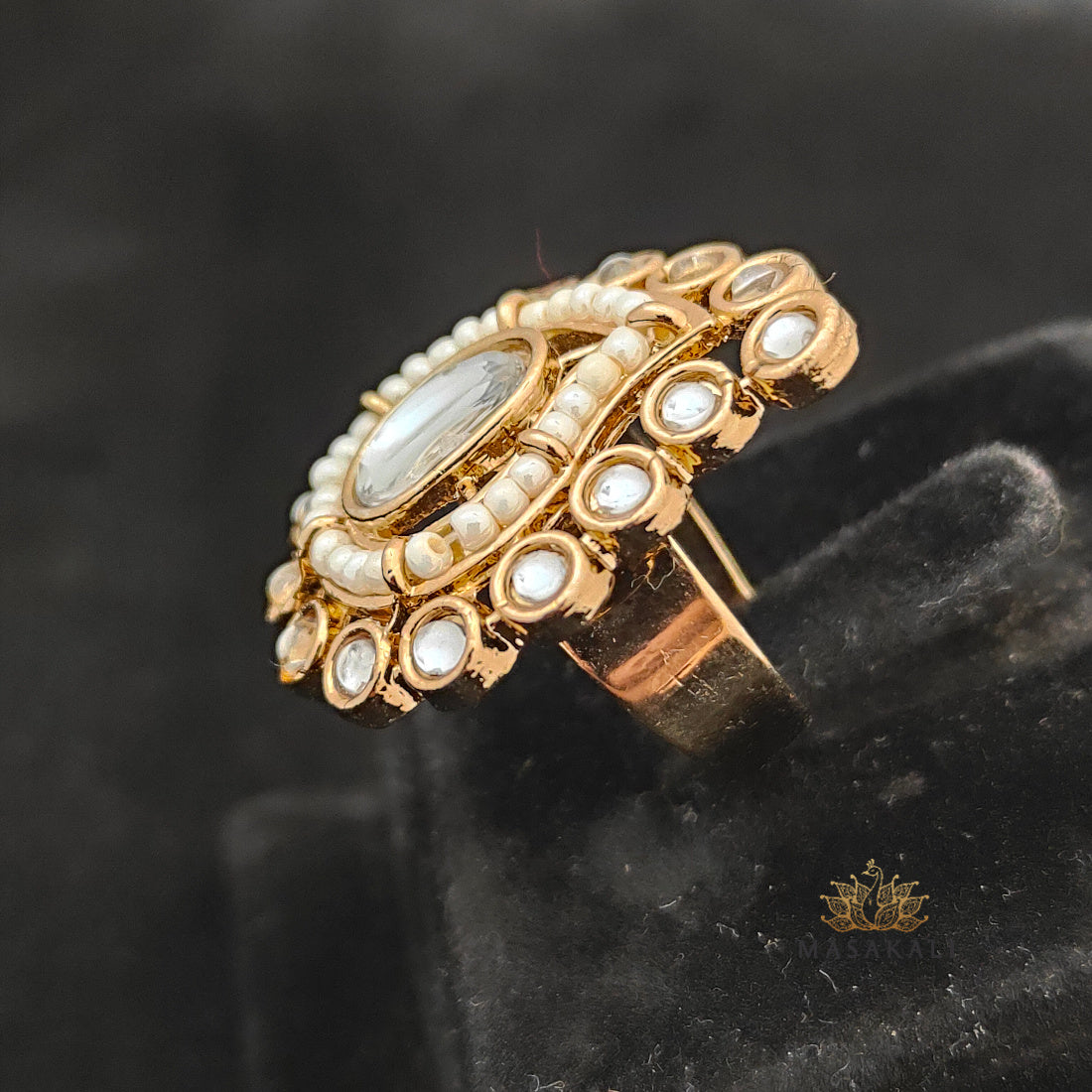 Mehndi-Plated Adjustable Ring, Pearl Beaded Kundan Anguthi, Indo Western Finger Ring (MKAN1018)