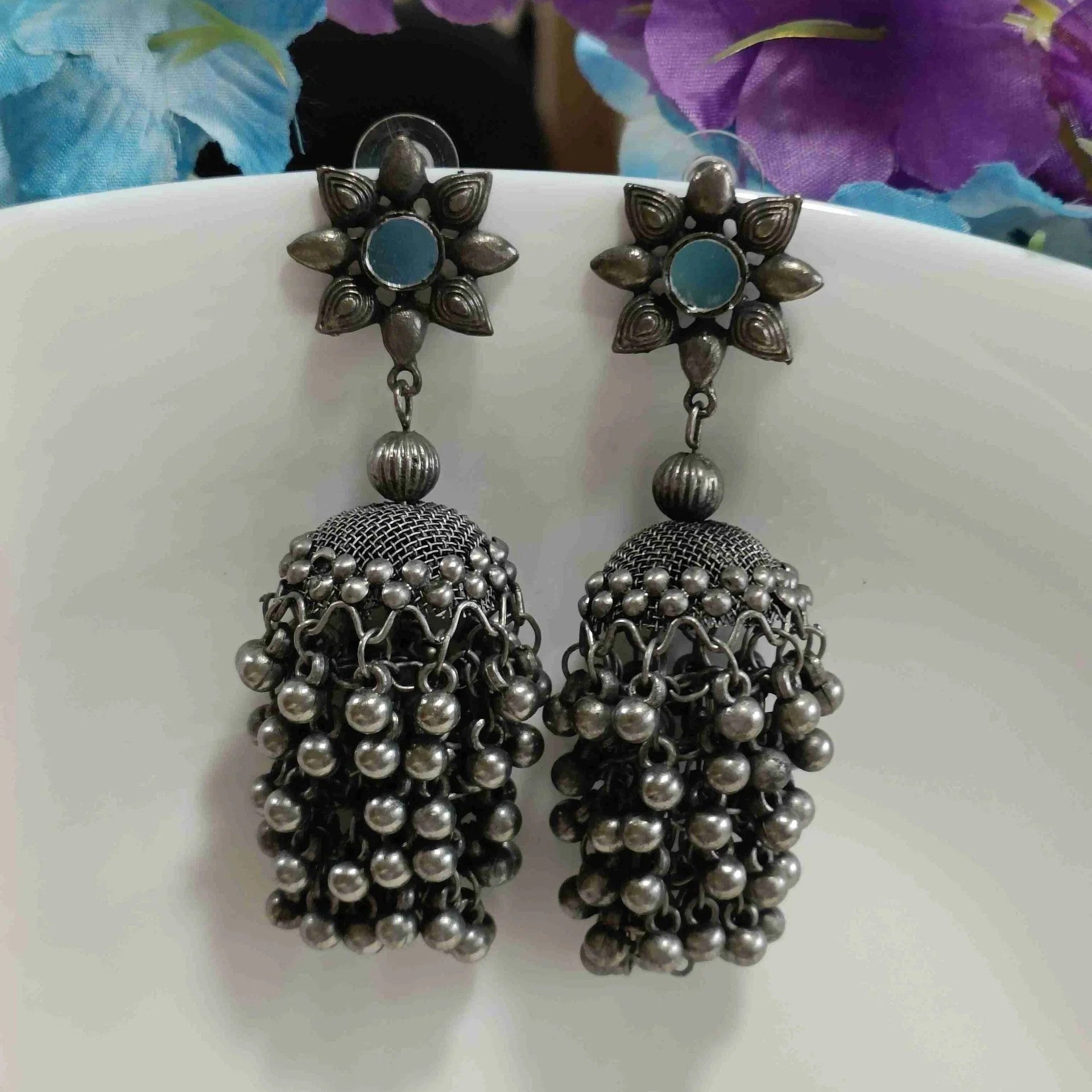 Oxidised Silver-Plated Afghani Mirror Jhumka Dangler Earrings