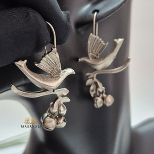 Silver Look-alike Oxidised Bird Drop Earrings