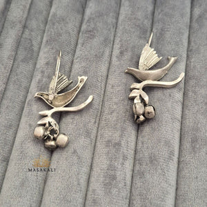 Silver Look-alike Oxidised Bird Drop Earrings