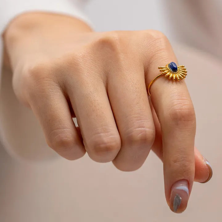 18K Gold-Plated Natural Gemstone Sunburst Adjustable Ring