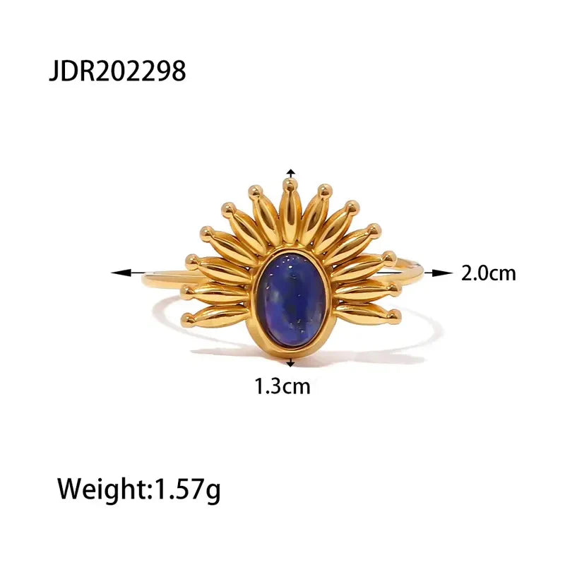 18K Gold-Plated Natural Gemstone Sunburst Adjustable Ring