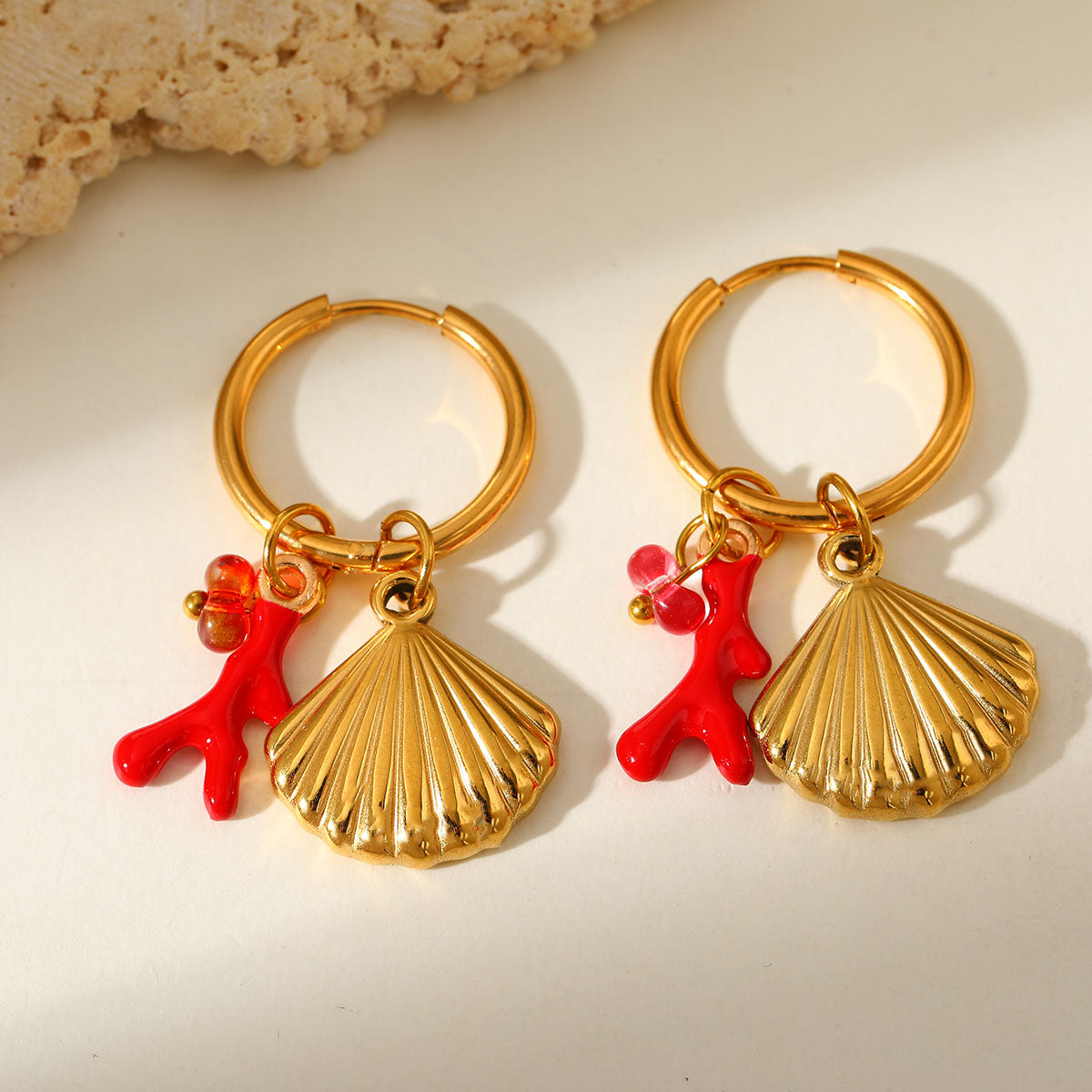 18K Gold-Plated Ocean-Inspired Red Enameled Coral & Shell Earrings