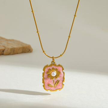 18K Gold-Plated Pearl-Embedded Flower Enamel Pendant Necklace
