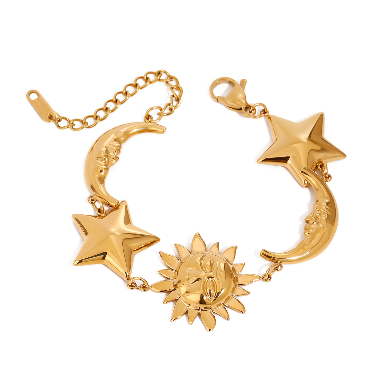 18K Gold-Plated Sun, Star & Moon Charm Celestial Design Bracelet