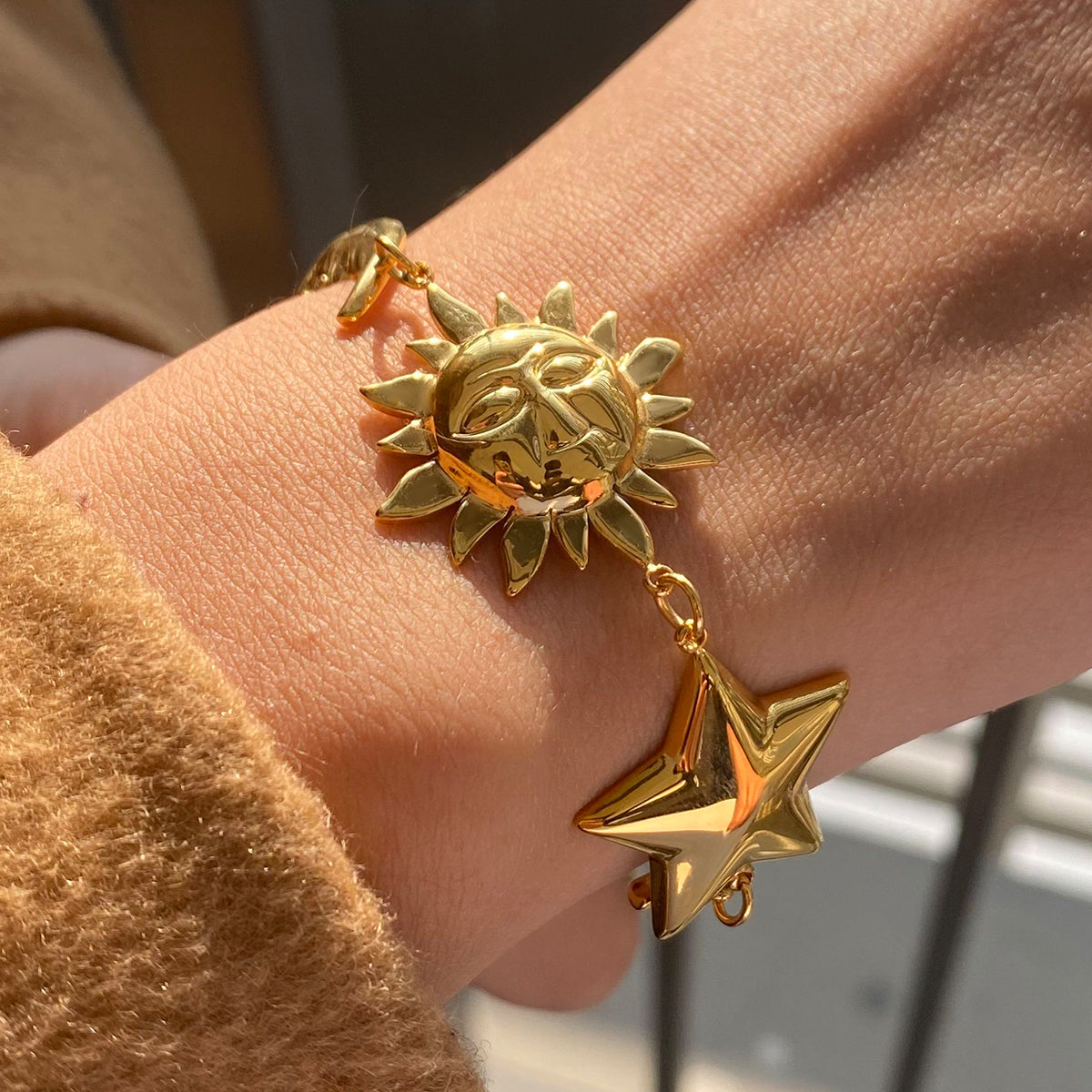 18K Gold-Plated Sun, Star & Moon Charm Celestial Design Bracelet