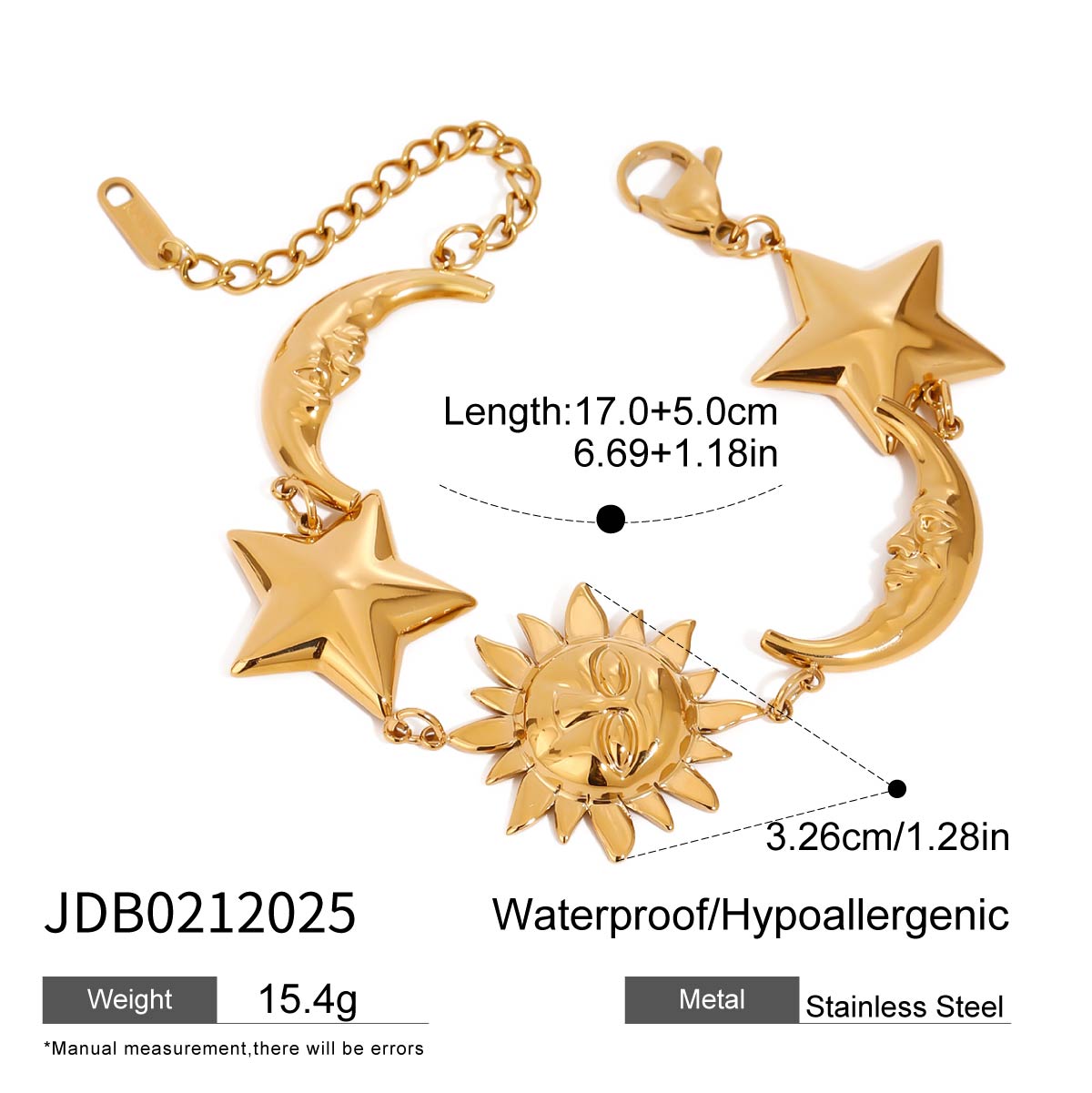 18K Gold-Plated Sun, Star & Moon Charm Celestial Design Bracelet