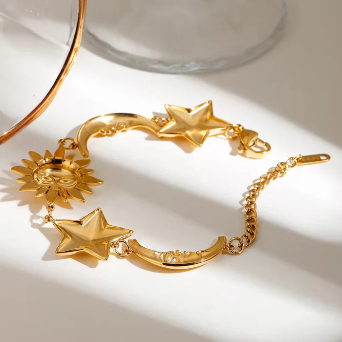 18K Gold-Plated Sun, Star & Moon Charm Celestial Design Bracelet