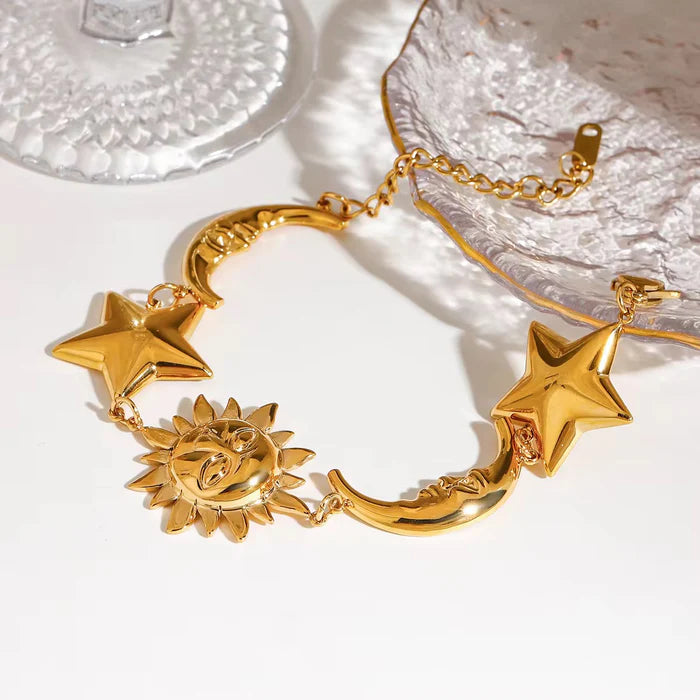 18K Gold-Plated Sun, Star & Moon Charm Celestial Design Bracelet