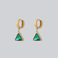 18K Gold Gemstone Pendant Earrings, Triangular Shape Green Zirconia Stone Hoop Earrings