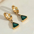 18K Gold Gemstone Pendant Earrings, Triangular Shape Green Zirconia Stone Hoop Earrings