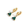 18K Gold Gemstone Pendant Earrings, Triangular Shape Green Zirconia Stone Hoop Earrings