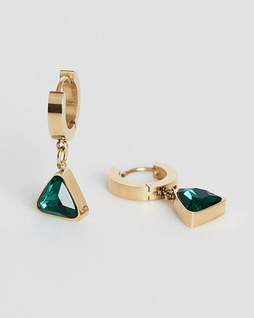 18K Gold Gemstone Pendant Earrings, Triangular Shape Green Zirconia Stone Hoop Earrings