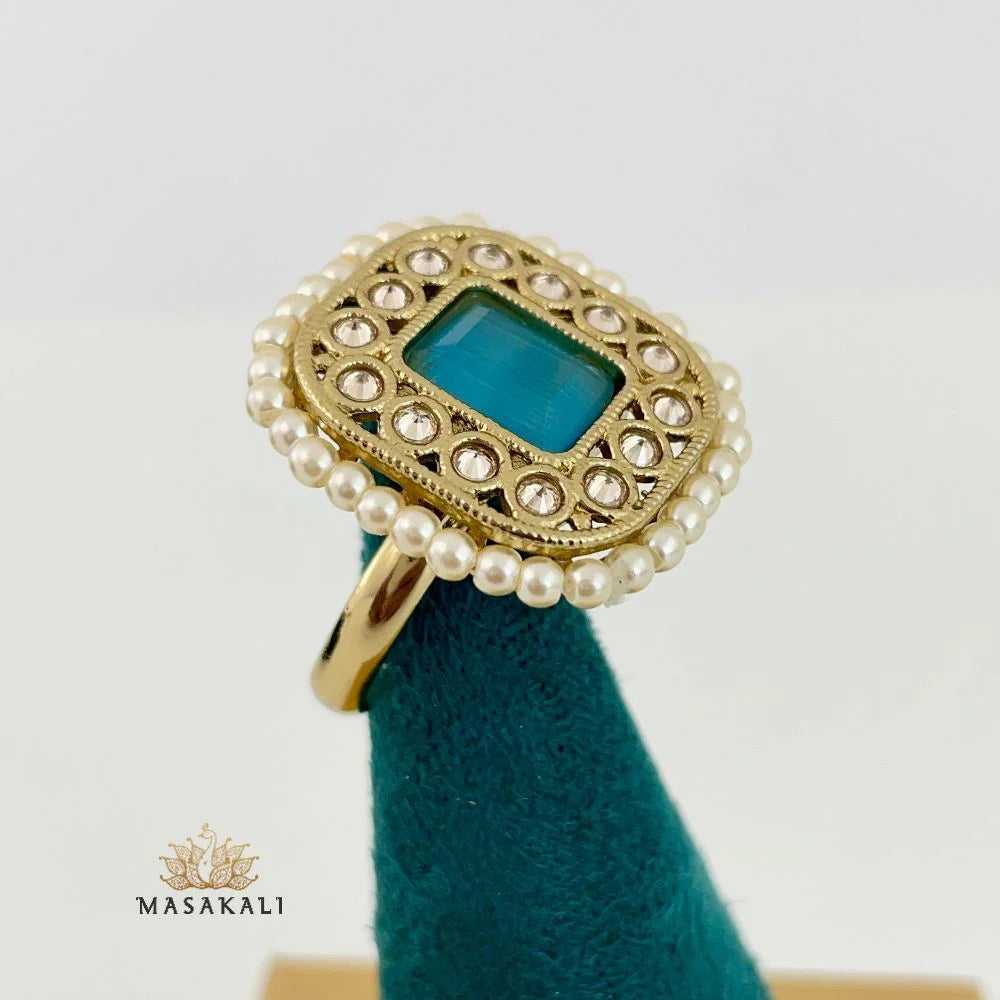 Adjustable Copper Gold-Toned Kundan Pearl Embellished Ring