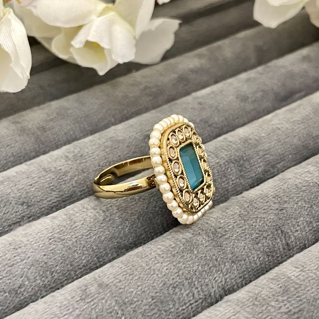 Adjustable Copper Gold-Toned Kundan Pearl Embellished Ring