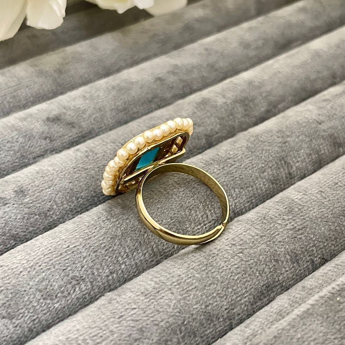 Adjustable Copper Gold-Toned Kundan Pearl Embellished Ring