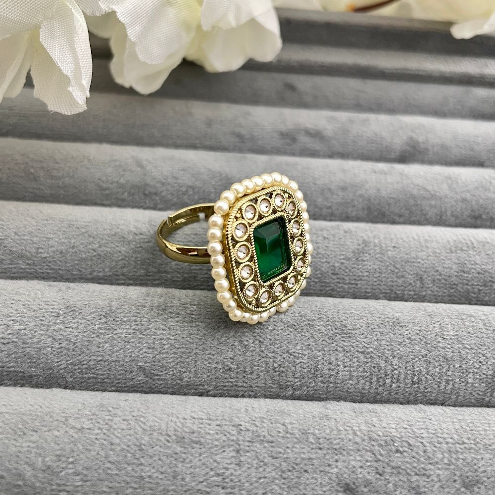 Adjustable Copper Gold Antique Pearl & Kundan Studded Green Ring