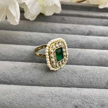 Adjustable Copper Gold Antique Pearl & Kundan Studded Green Ring