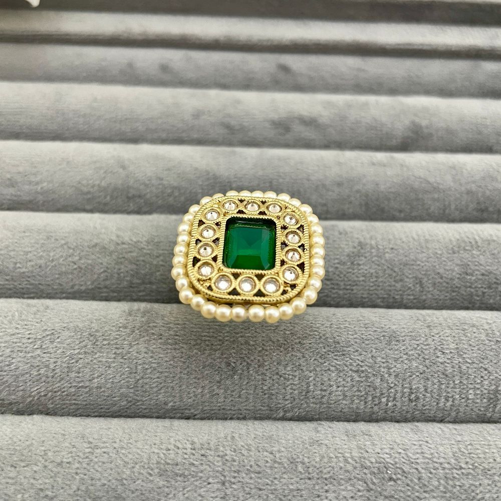 Adjustable Copper Gold Antique Pearl & Kundan Studded Green Ring