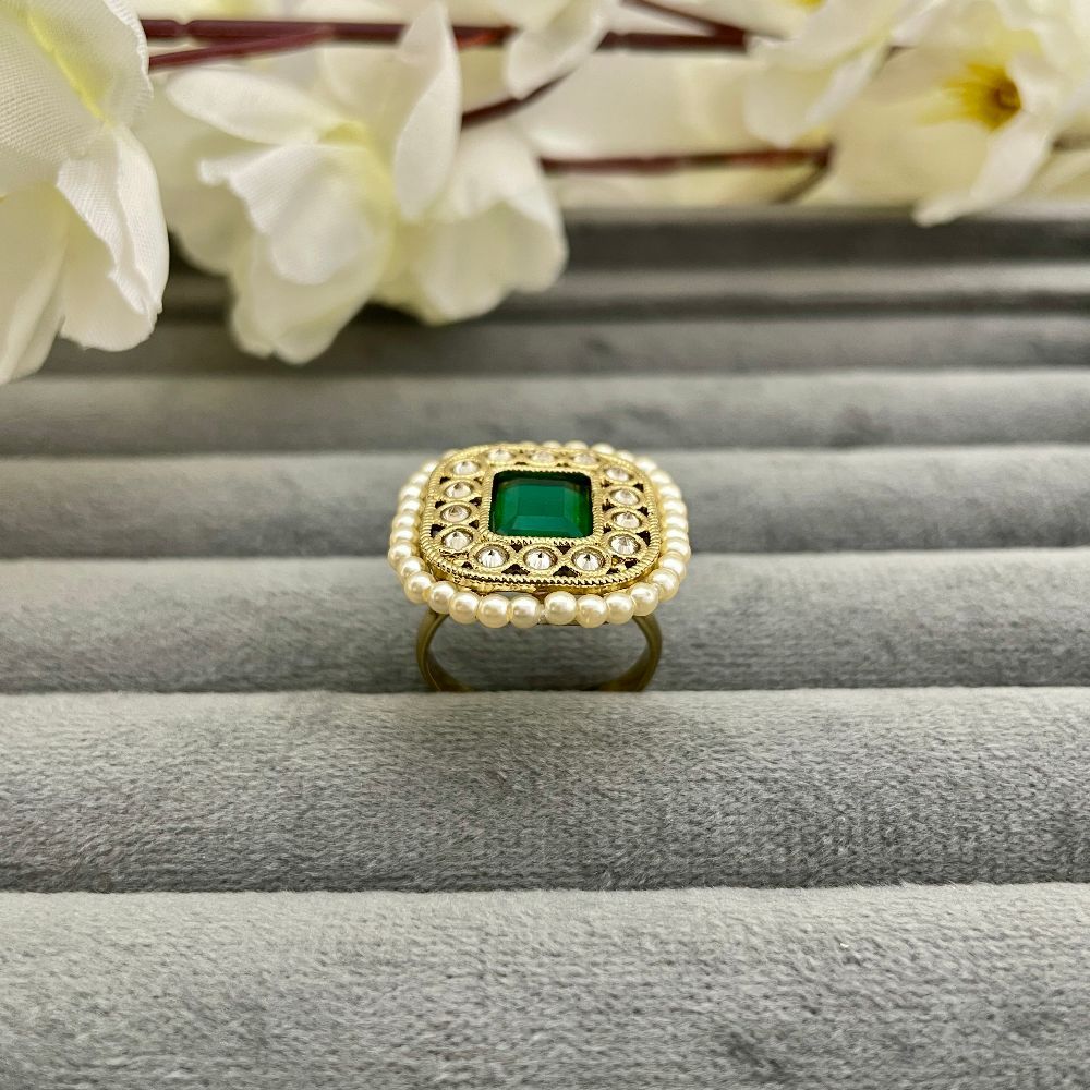 Adjustable Copper Gold Antique Pearl & Kundan Studded Green Ring