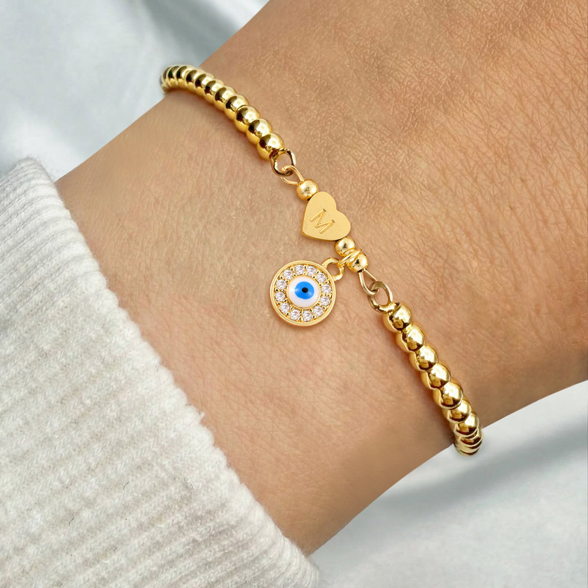 Adjustable Gold Heart-Shaped Initial & Round Evil Eye Bracelet for Women, Stainless Steel