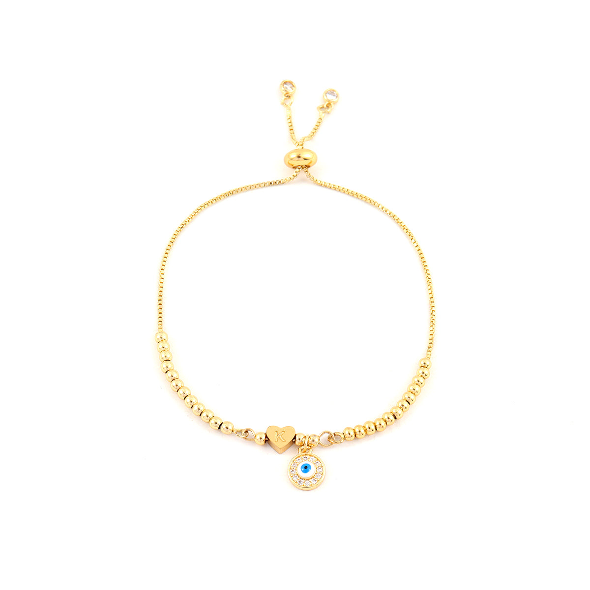 Adjustable Gold Heart-Shaped Initial & Round Evil Eye Bracelet for Women, Stainless Steel
