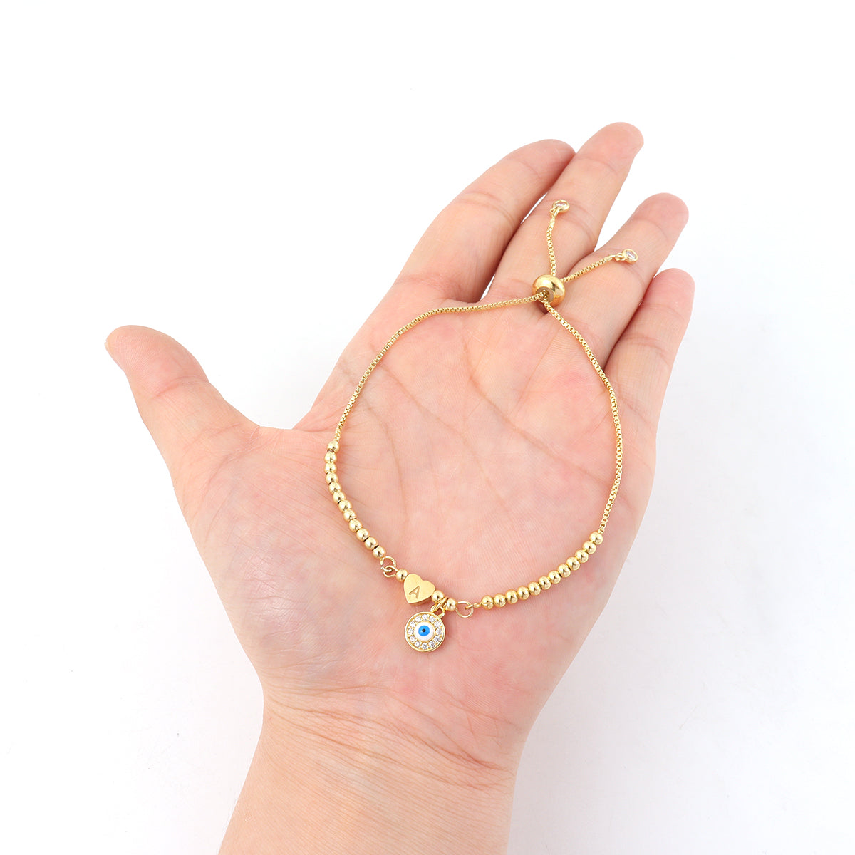 Adjustable Gold Heart-Shaped Initial & Round Evil Eye Bracelet for Women, Stainless Steel