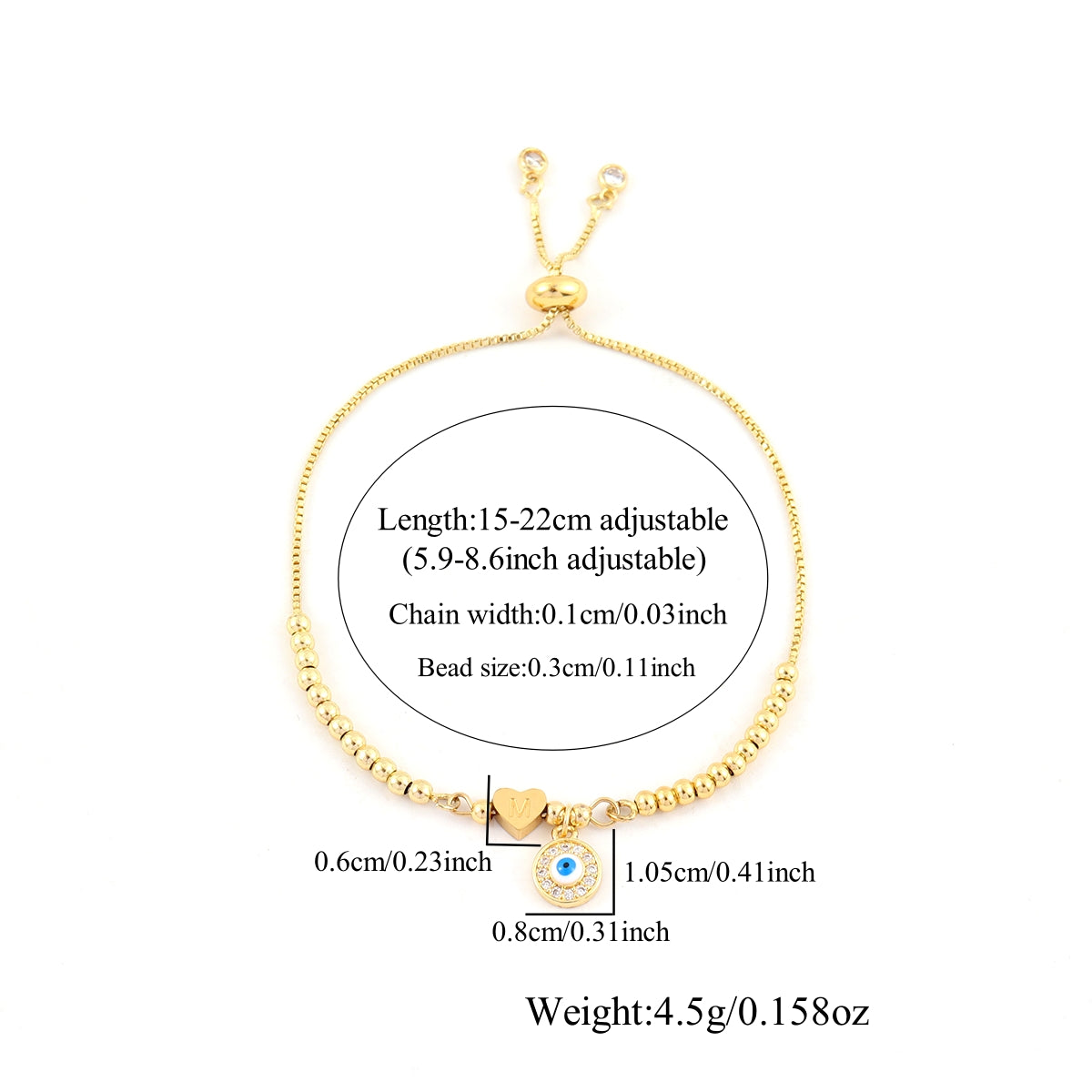 Adjustable Gold Heart-Shaped Initial & Round Evil Eye Bracelet for Women, Stainless Steel