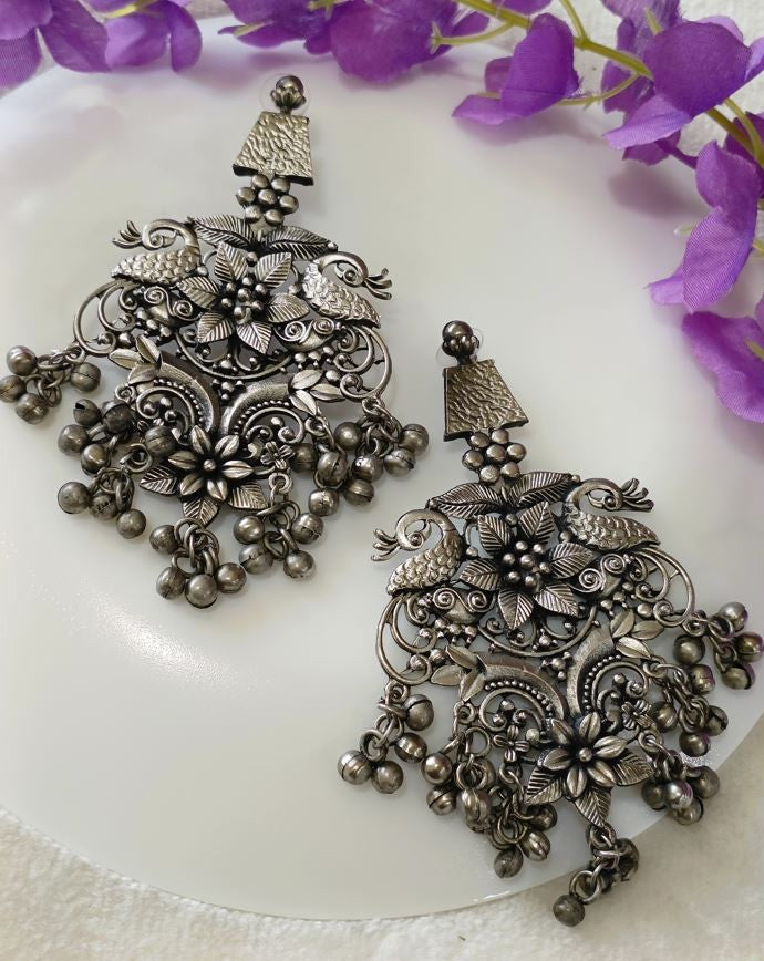 Afghani Earrings, Floral, Oxidised Silver (MTAR1002)