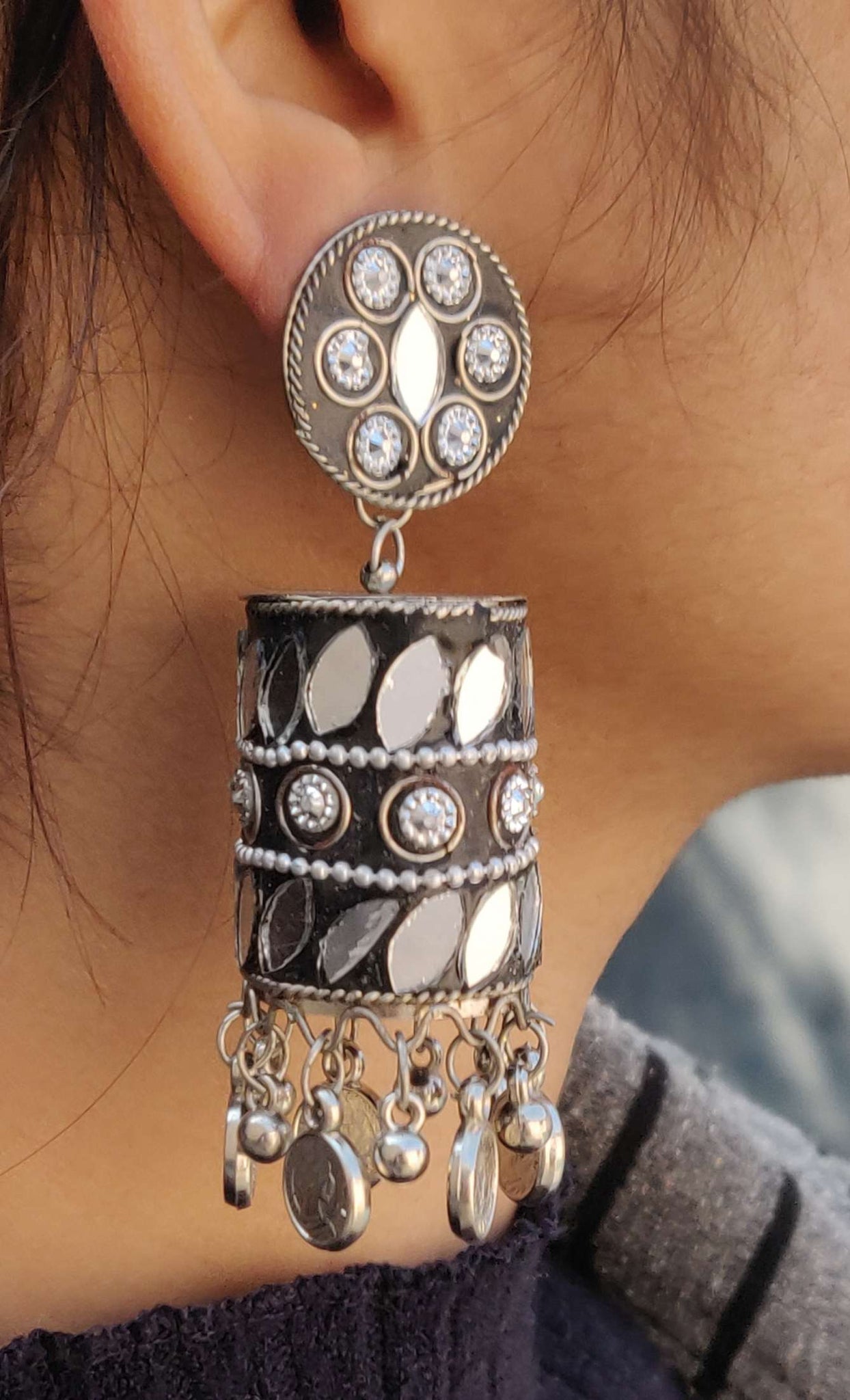 Afghani Mirror Work Stone Studded Jhumka Earrings For Women & Girls