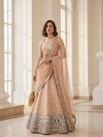 Alizeh Soft Peach Mirror-Work Lehenga Set