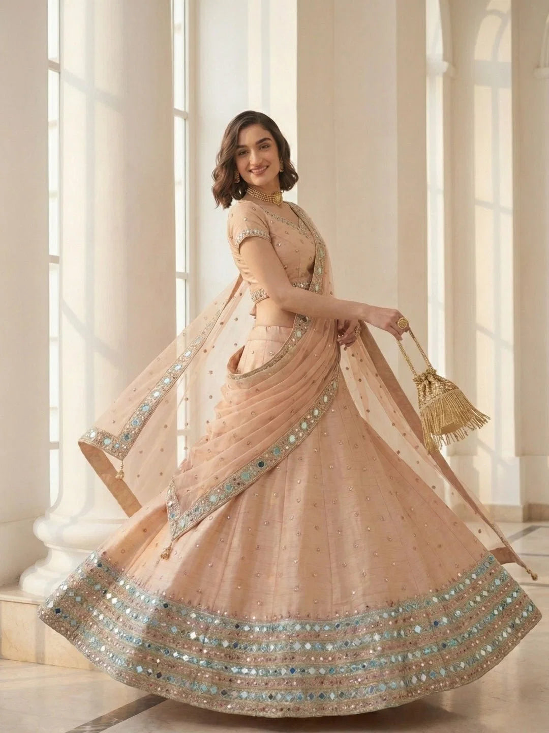 Masakali Soft Peach Mirror-Work Lehenga Set