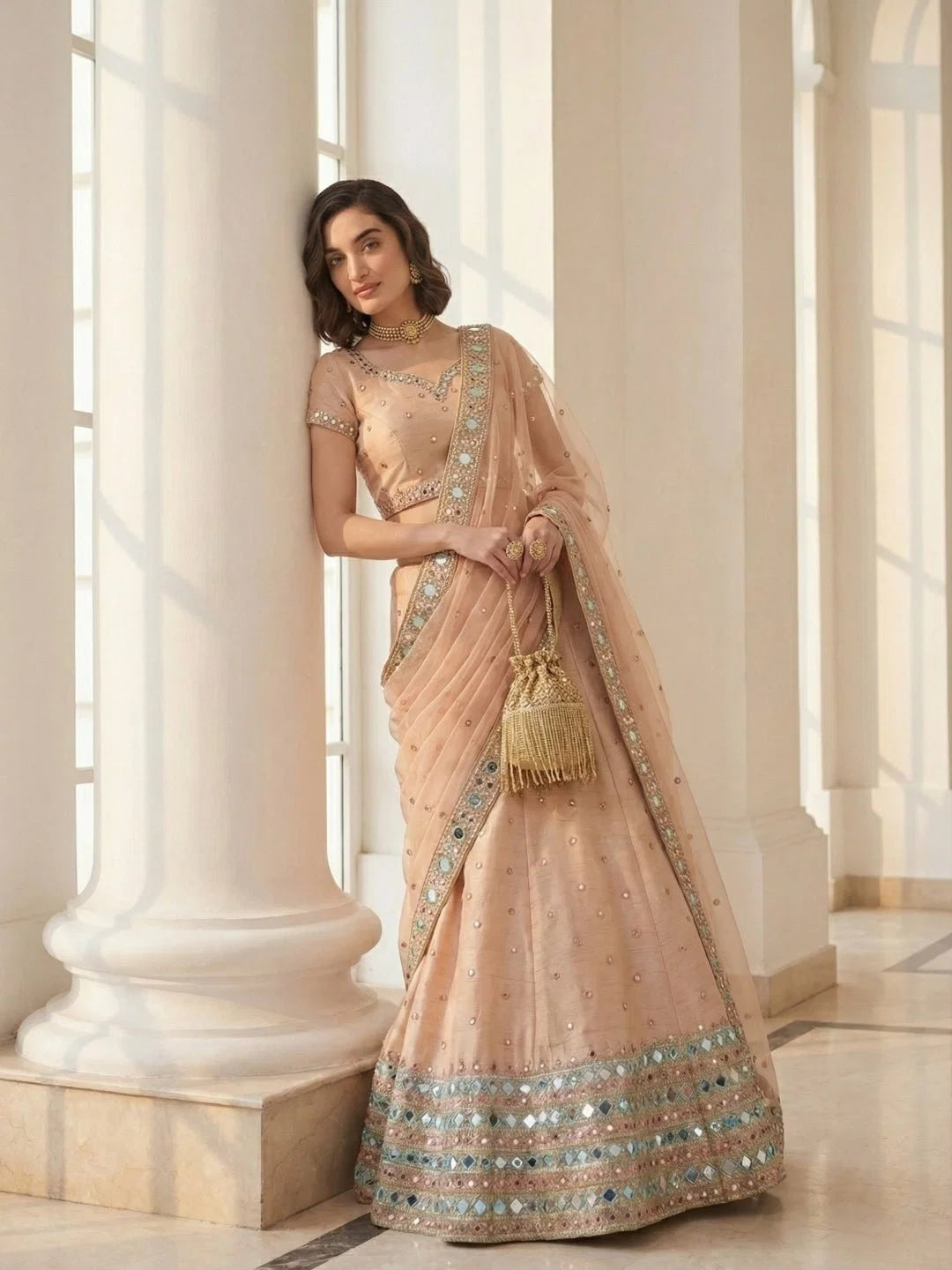 Masakali Soft Peach Mirror-Work Lehenga Set