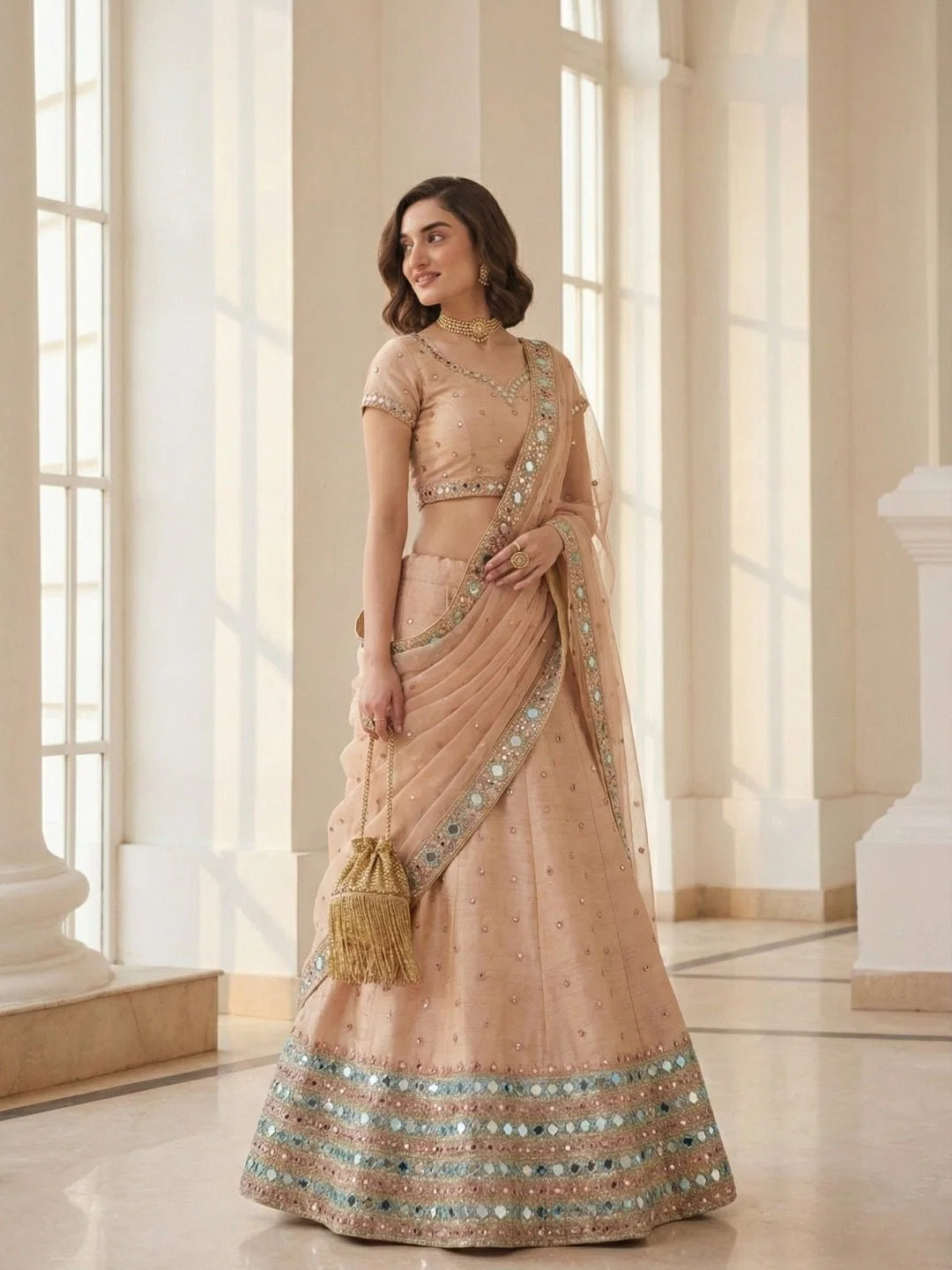 Masakali Soft Peach Mirror-Work Lehenga Set