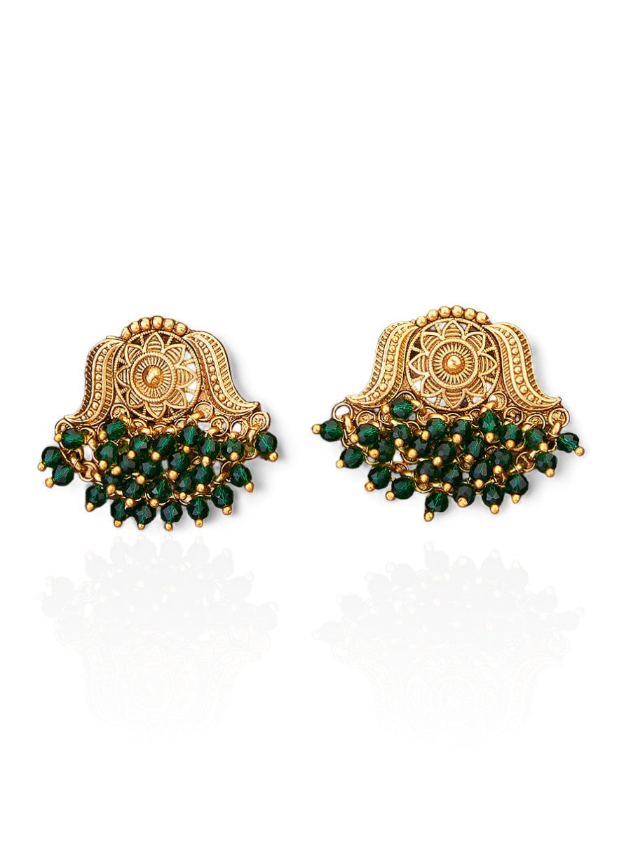 Antique Tops With Matte Gold Plating, Green Beaded Earrings
