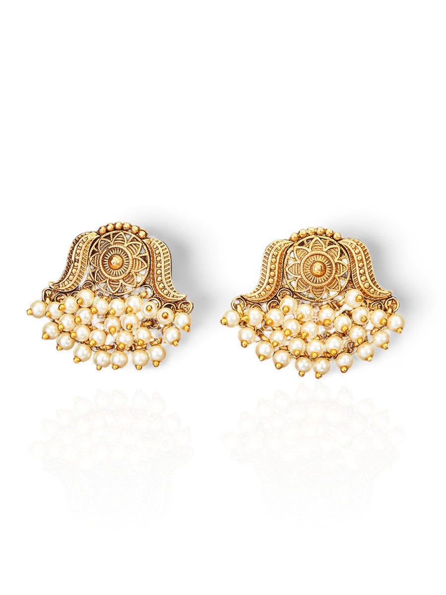 Matte Gold-toned Antique Earrings, Pearl Studded Earrings