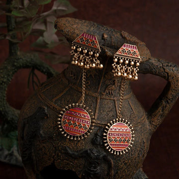 Antique Enamel Artwork Beaded Earrings, Gold Plated Indian Dangler Earrings, Orange-Pink (MTAR1075)