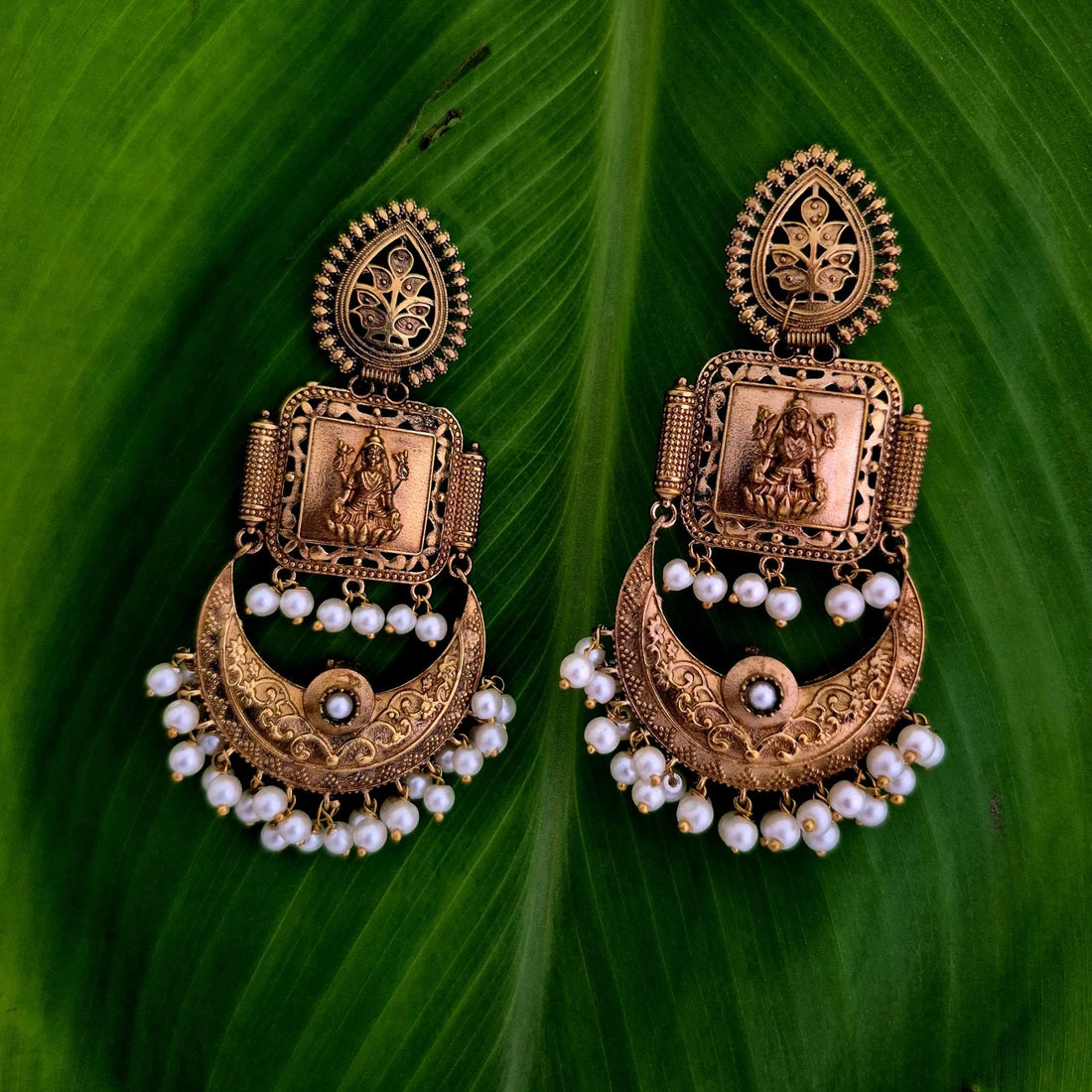 Antique Gold-Plated Lakshmi Chandbali Earrings