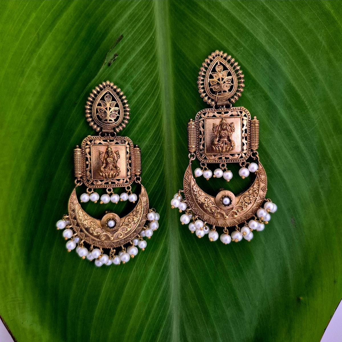 Antique Gold-Plated Lakshmi Chandbali Earrings