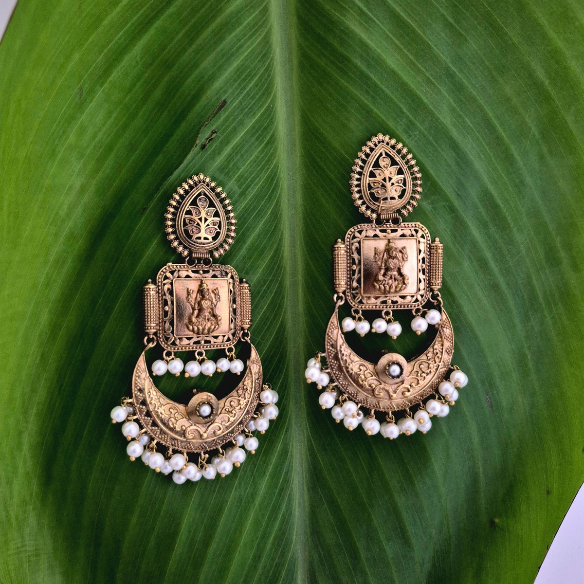 Antique Gold-Plated Lakshmi Chandbali Earrings