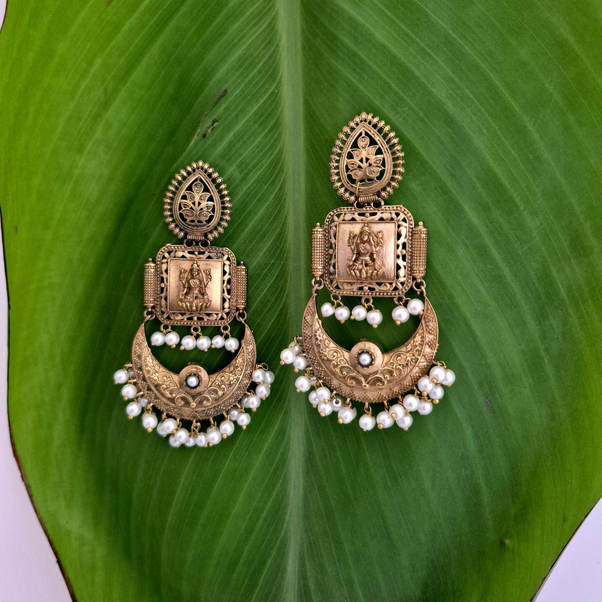 Antique Gold-Plated Lakshmi Chandbali Earrings