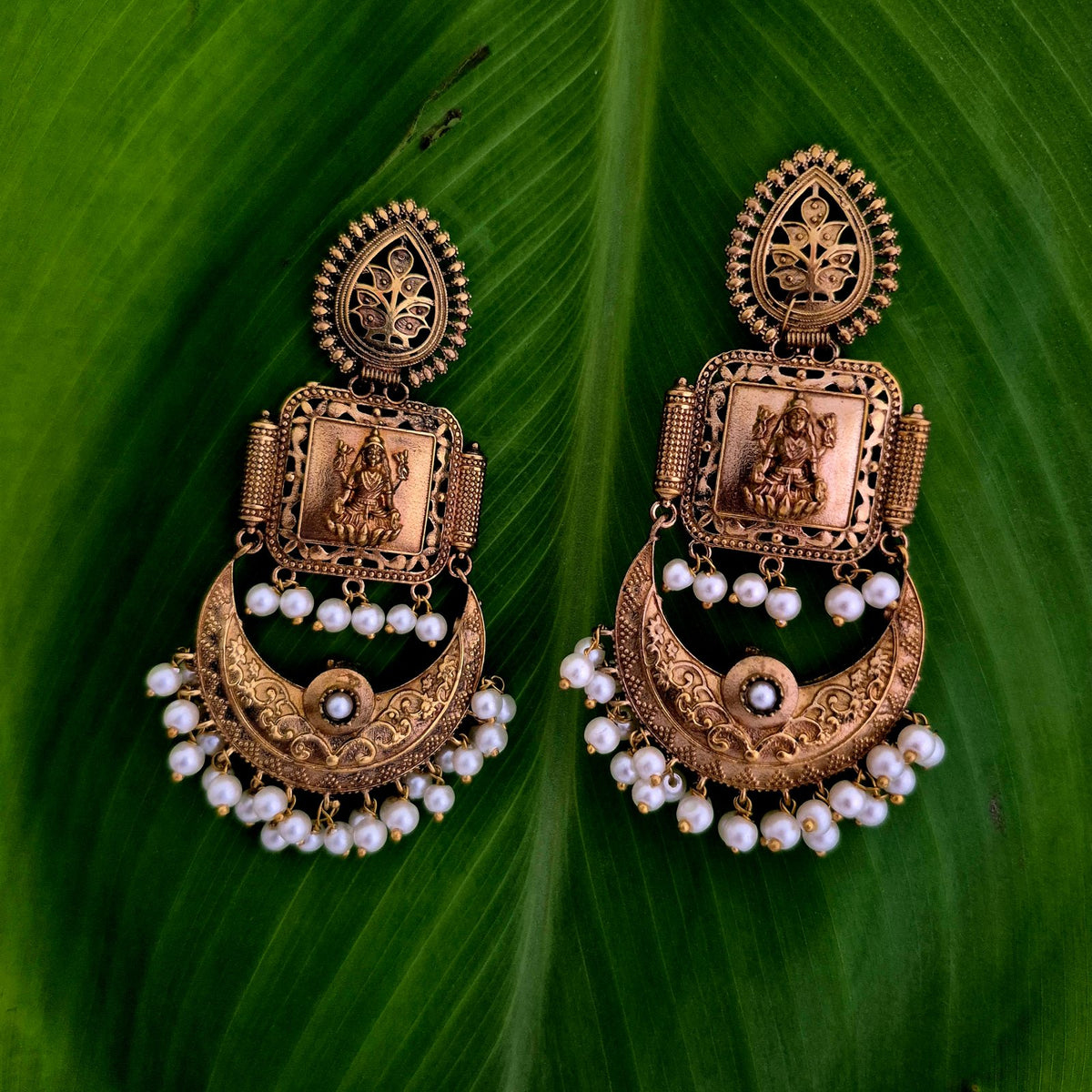 Antique Gold-Plated Lakshmi Chandbali Earrings