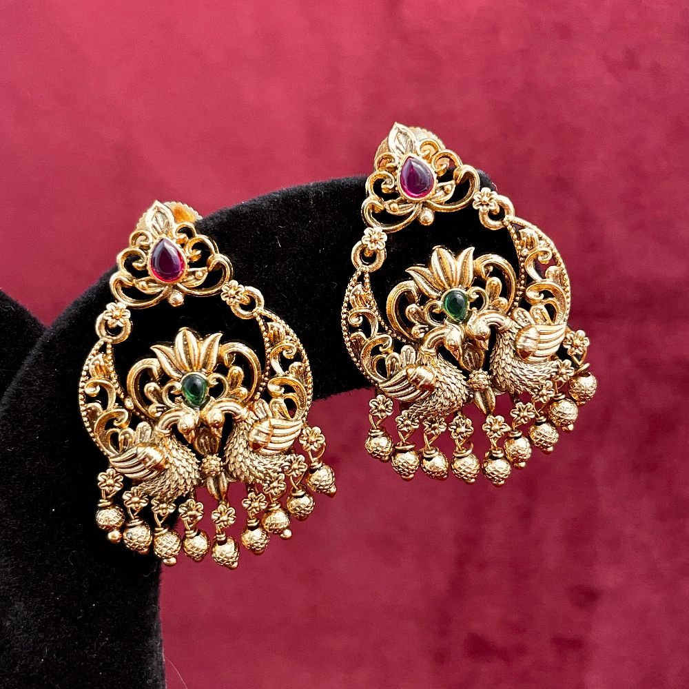 Antique Gold-Plated Peacock Design South Indian Earrings