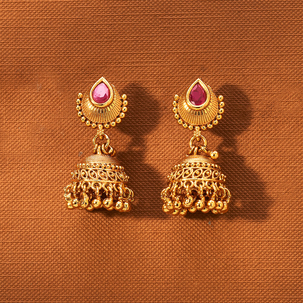 Antique Gold-Plated Temple Jhumka Earrings, Designer Ruby Stone Earrings (MKAN1015)