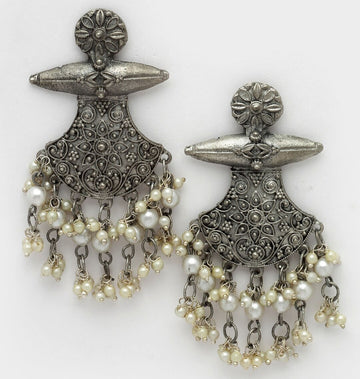 Antique Silver-Oxidised Pearl-Studded Crescent-Shaped Dangle Earrings