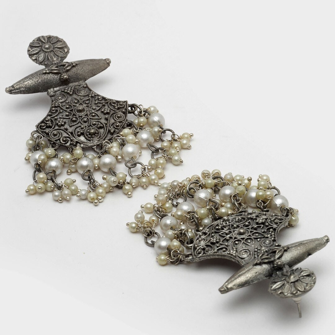 Antique Silver-Oxidised Pearl-Studded Crescent-Shaped Dangle Earrings