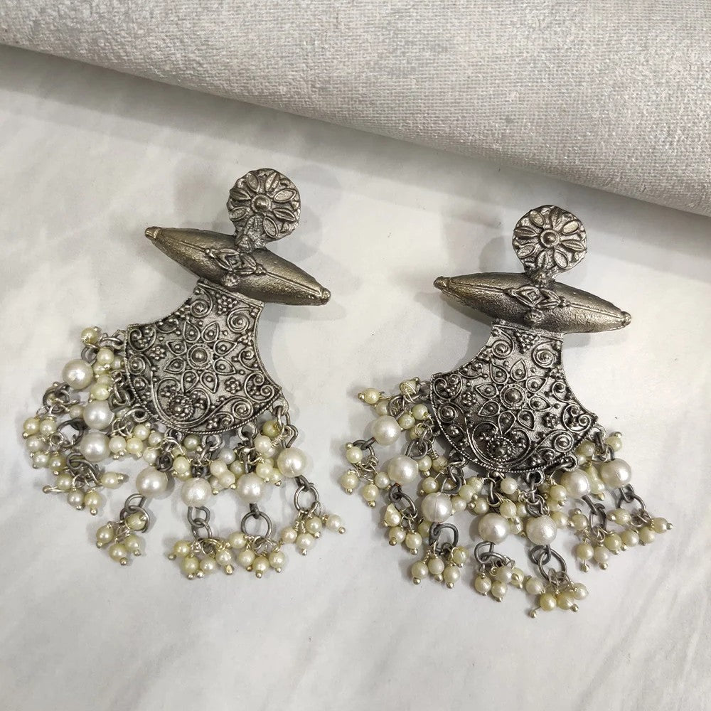 Antique Silver-Oxidised Pearl-Studded Crescent-Shaped Dangle Earrings