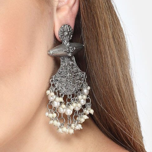 Antique Silver-Oxidised Pearl-Studded Crescent-Shaped Dangle Earrings