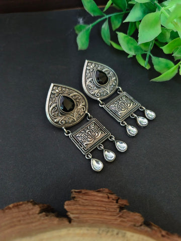 Antique Silver-Plated Oxidised Earrings, Jaipuri Design Matte-Finished Earrings